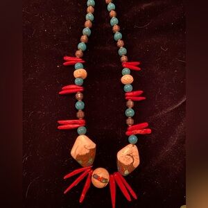 Vintage natural coral and turquoise Native American Necklace Beaded Carved